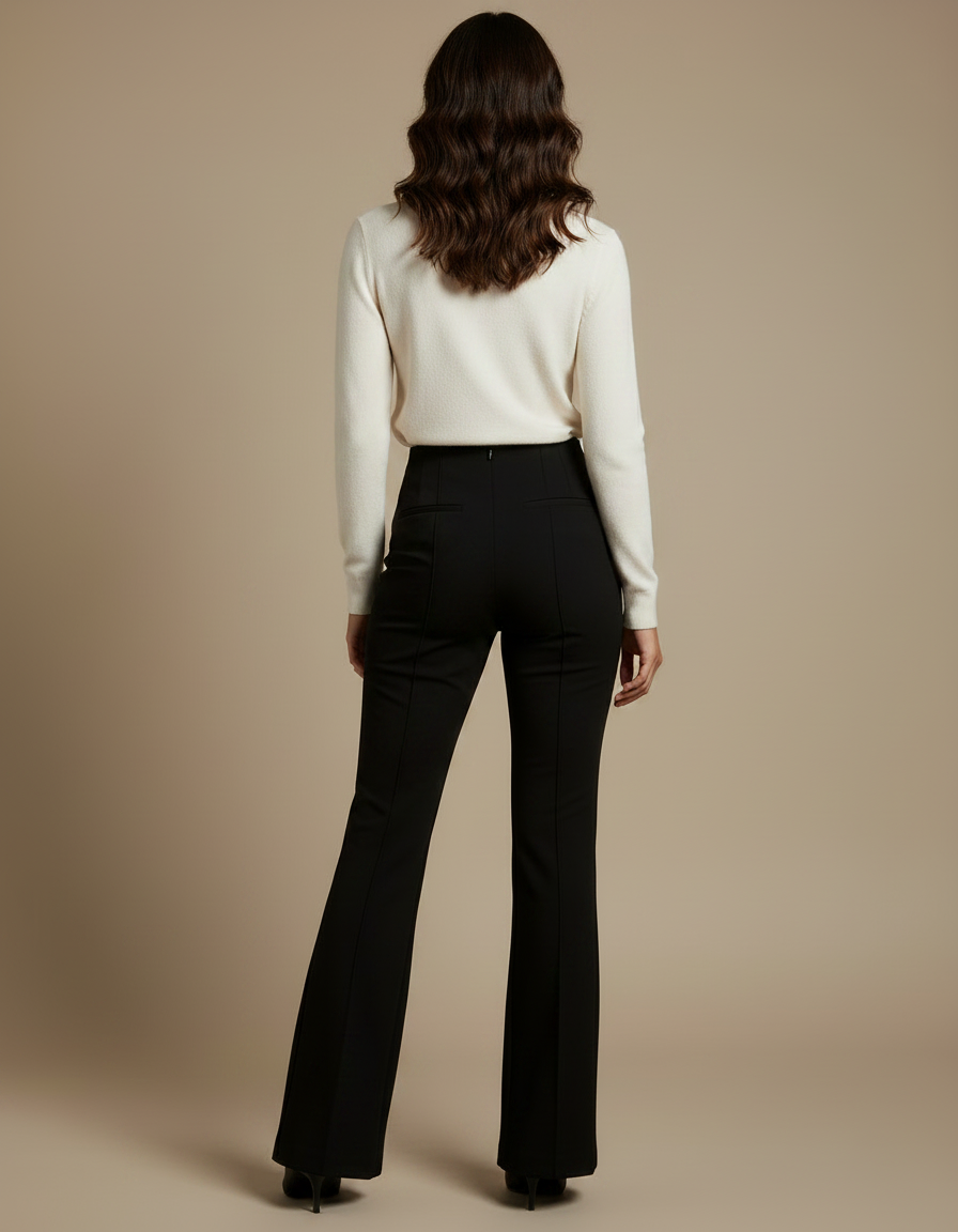 Pantalon Noir Évasé Taille Haute Élégant Côtelé - Maille - vue 2