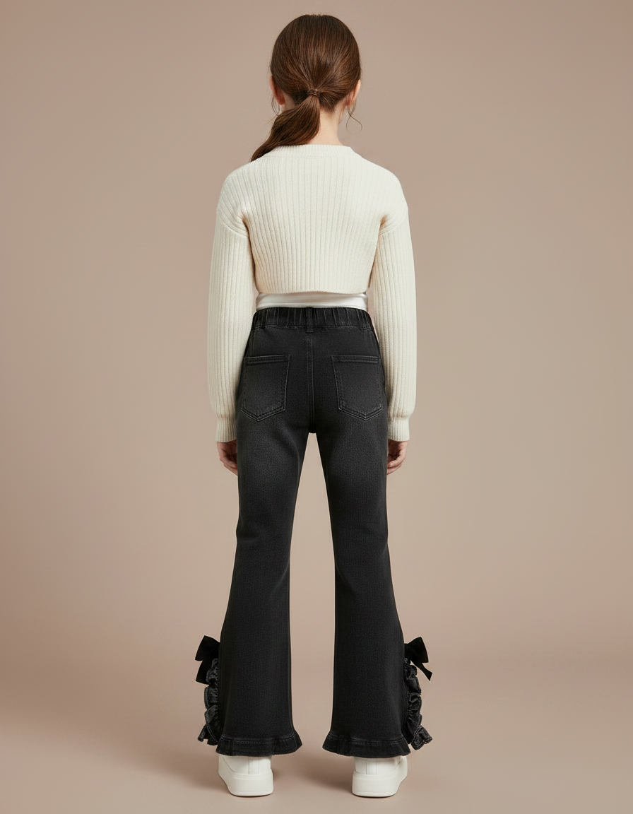 Pantalon Noir Évasé Volants Nœuds Fille Tendance - Jean - vue 2
