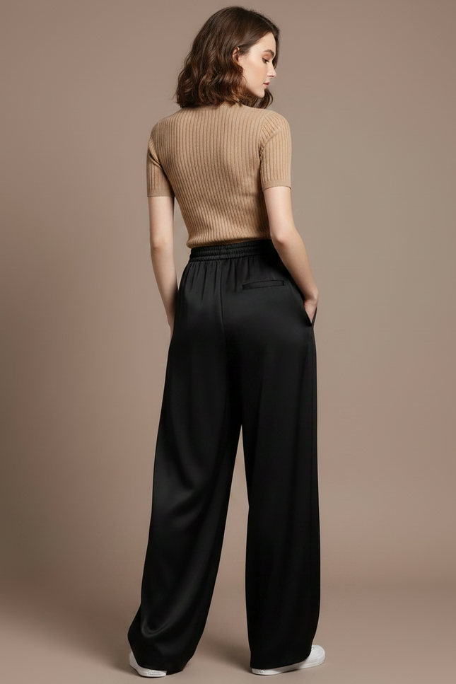 Pantalon Noir Fluide Satin Ample Taille Haute - vue 2