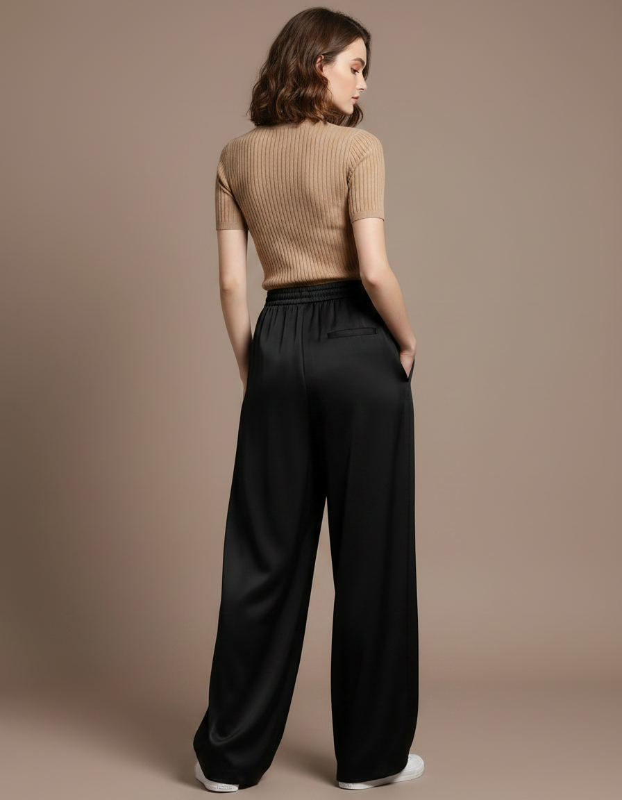 Pantalon Noir Fluide Satin Ample Taille Haute - vue 2