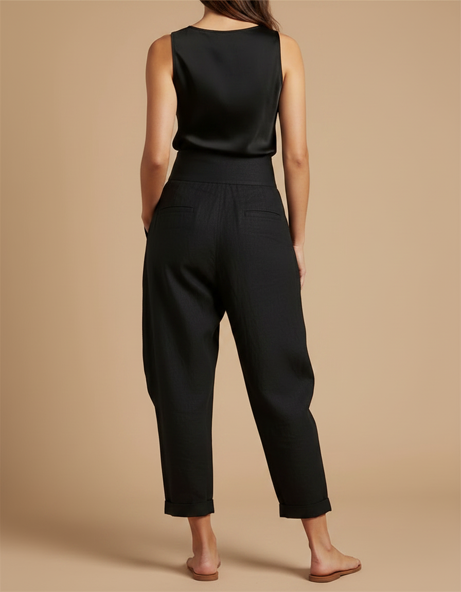 Pantalon Noir Fluide Asymétrique Taille Haute - Lin - vue 2