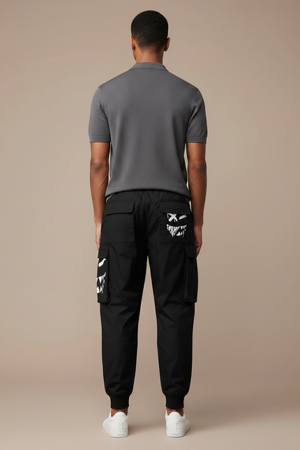Pantalon Noir Cargo Homme, Graphiques Blancs, Confortable, Sportif - Polyester - vue 2