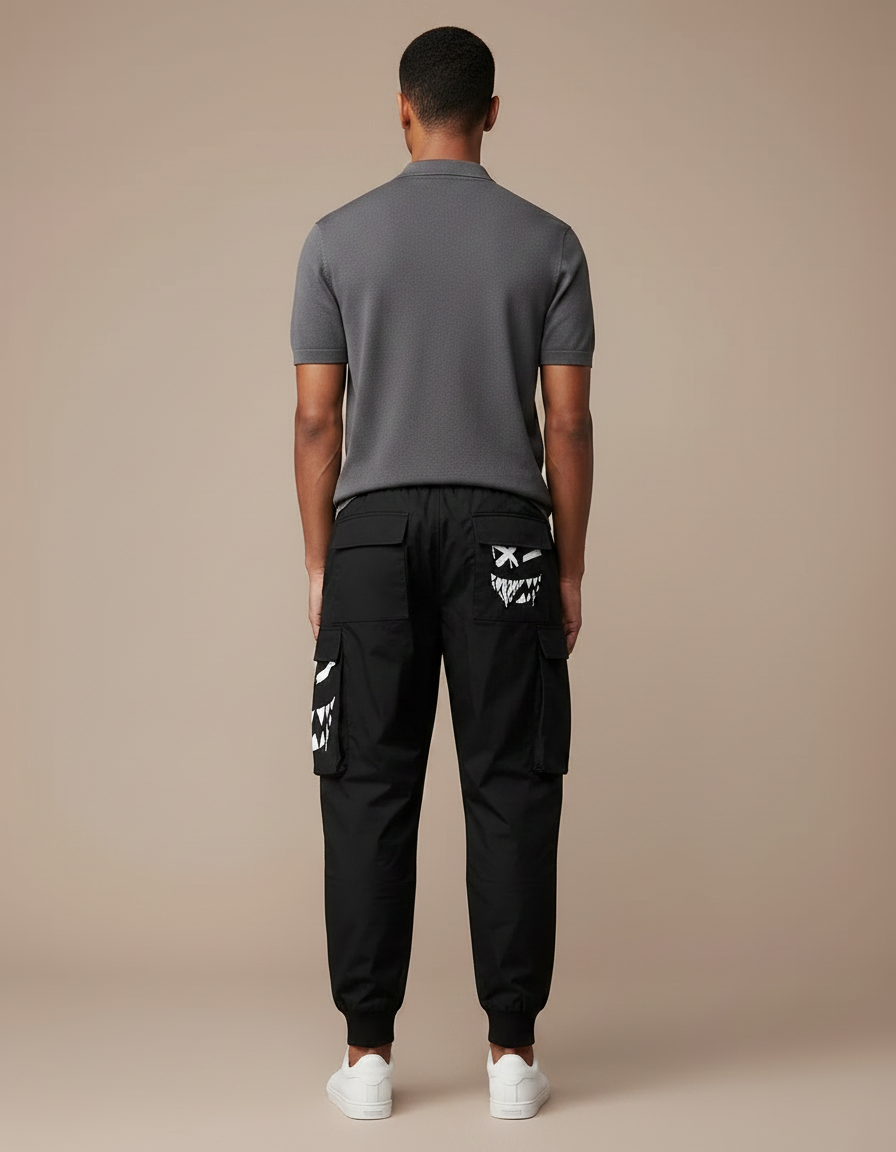 Pantalon Noir Cargo Homme, Graphiques Blancs, Confortable, Sportif - Polyester - vue 2