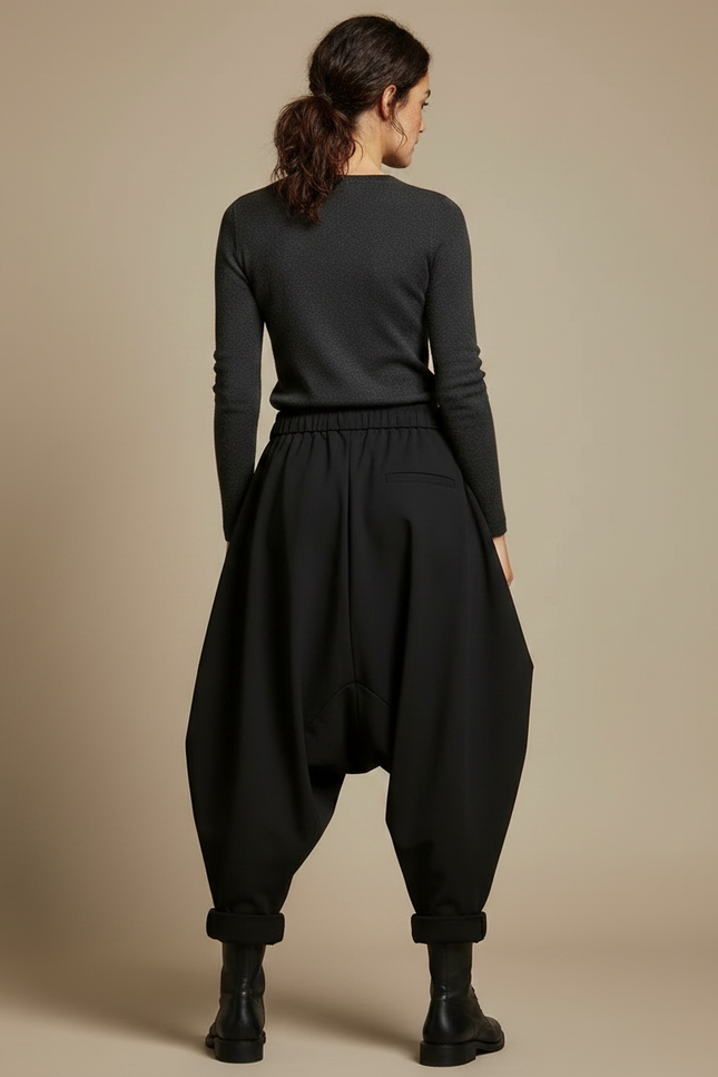 Pantalon Noir Harem Ample Décontracté Fluide - Gabardine - vue 2