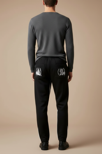 Pantalon Noir Évasé Imprimé Graffiti Streetwear Cordon Homme - Molleton - vue 2
