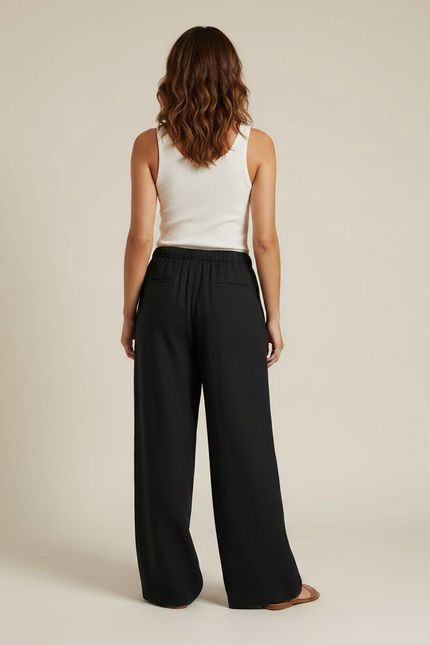Pantalon Noir Ample Fluide Cordon Décontracté Femme - Lin - vue 2