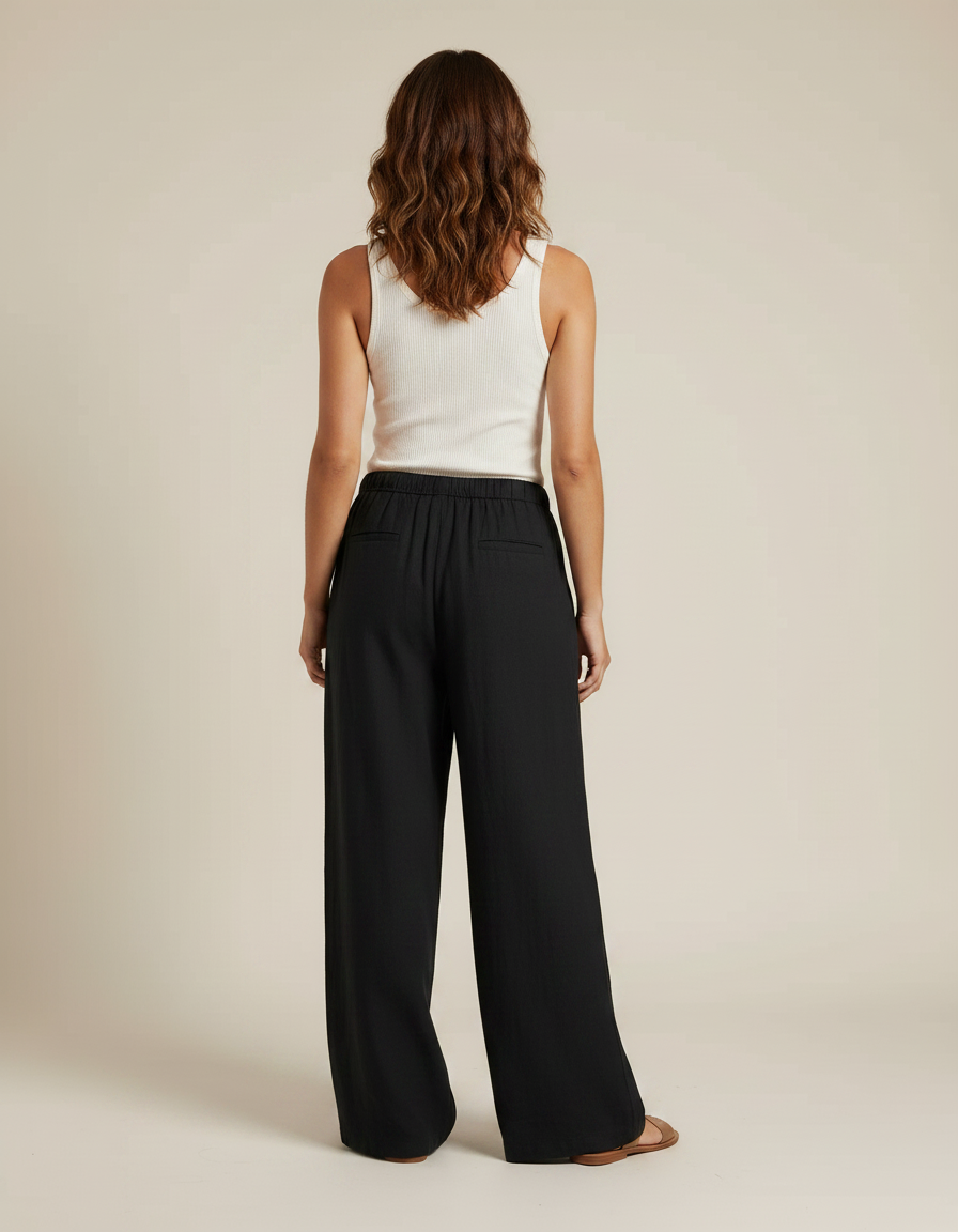 Pantalon Noir Ample Fluide Cordon Décontracté Femme - Lin - vue 2
