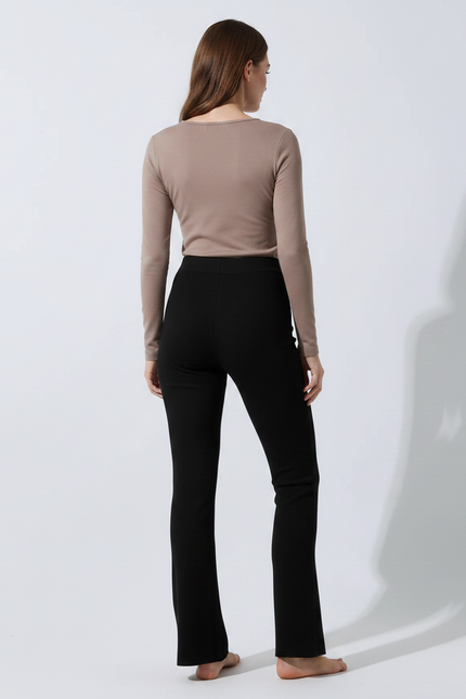 Pantalon Noir Côtelé Évasé Confortable Femme - Maille - vue 2
