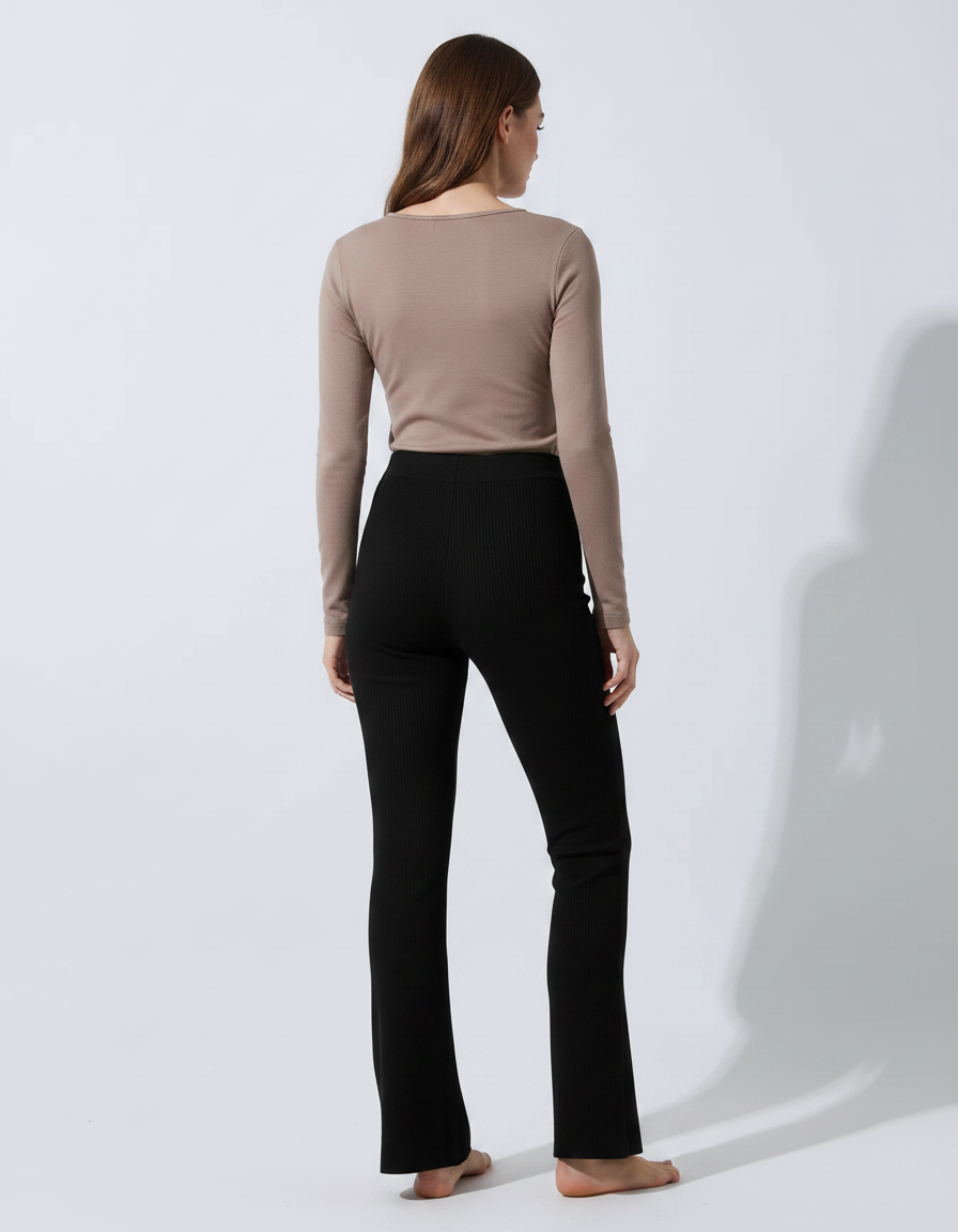 Pantalon Noir Côtelé Évasé Confortable Femme - Maille - vue 2