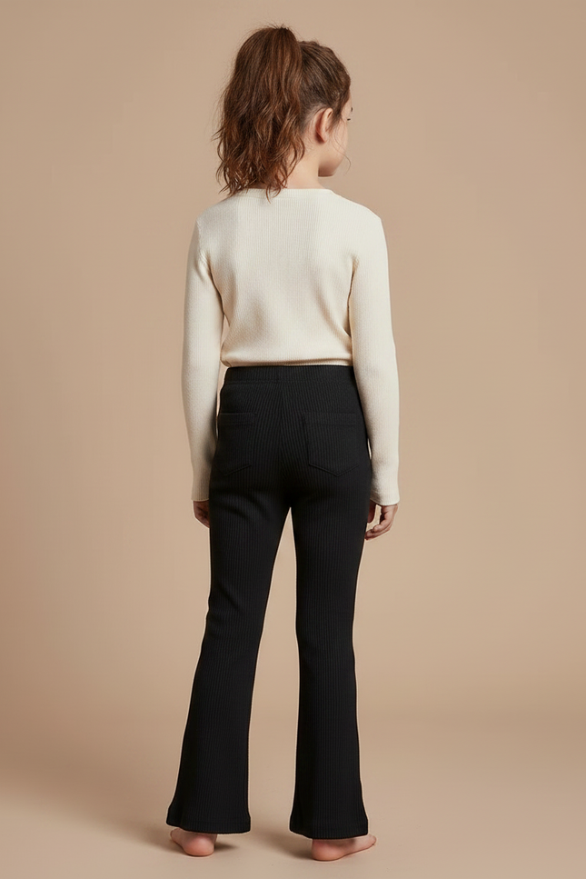 Pantalon Noir Côtelé Évasé Confortable Fille - Maille - vue 2