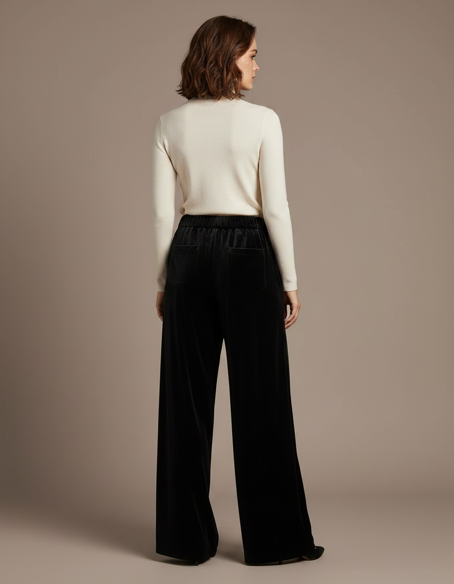Pantalon Noir Velours Ample Taille Haute Femme - vue 2