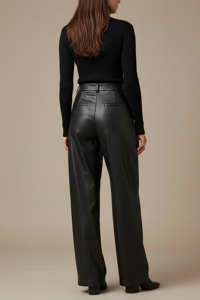 Pantalon Noir Similicuir Ample Plissé Taille Haute - Simili cuir - vue 2