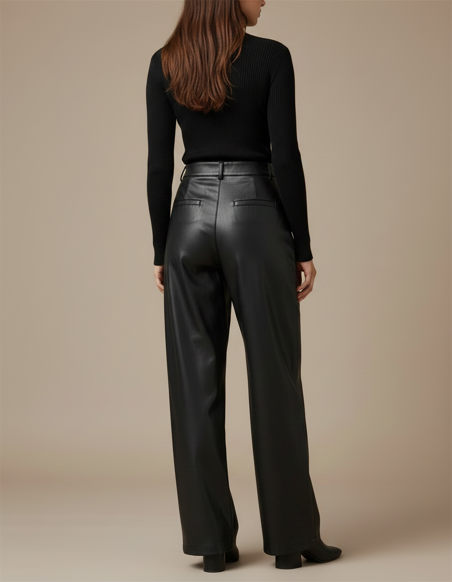 Pantalon Noir Similicuir Ample Plissé Taille Haute - Simili cuir - vue 2