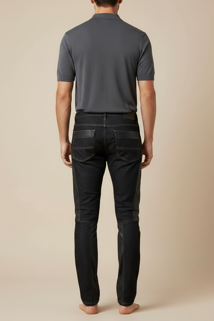 Pantalon Noir Motard Cuir Denim Matelassé Slim Homme - vue 2