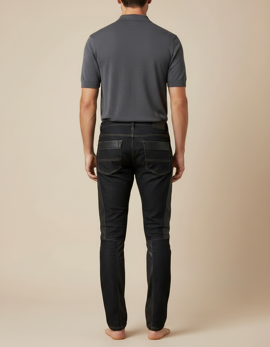 Pantalon Noir Motard Cuir Denim Matelassé Slim Homme - vue 2