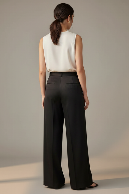 Pantalon Noir Fluide Satin Large Élégant Femme - vue 2