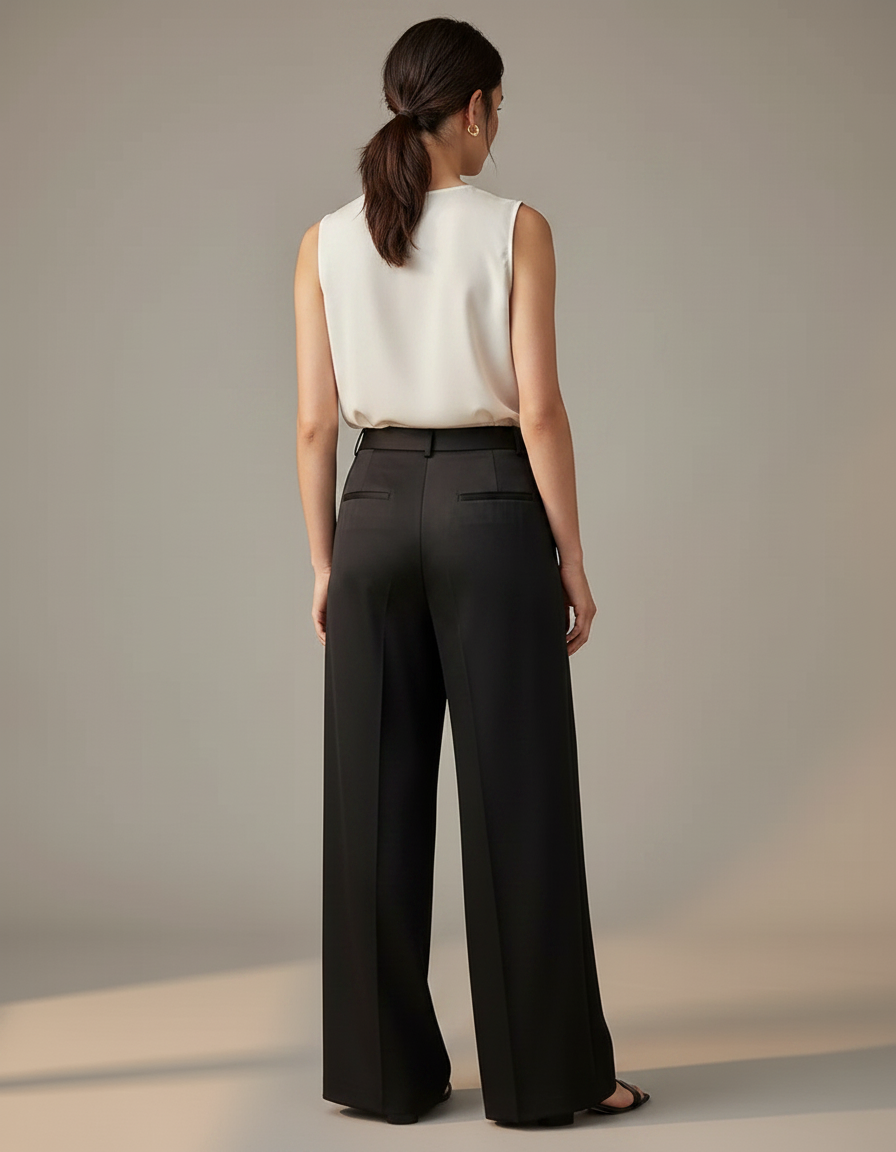 Pantalon Noir Fluide Satin Large Élégant Femme - vue 2
