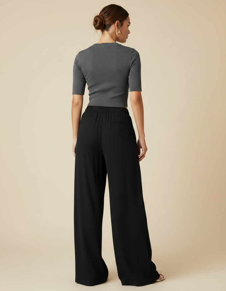 Pantalon Noir Fluide Ample Taille Haute Confortable - Viscose - vue 2
