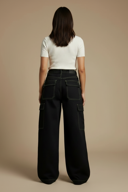 Pantalon Noir Cargo Ample Alien Brodé - Jean - vue 2
