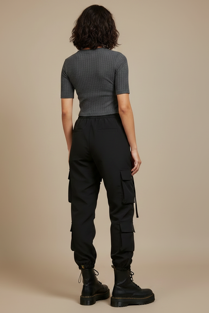 Pantalon Noir Cargo Streetwear Femme Déchiré - Polyester - vue 2