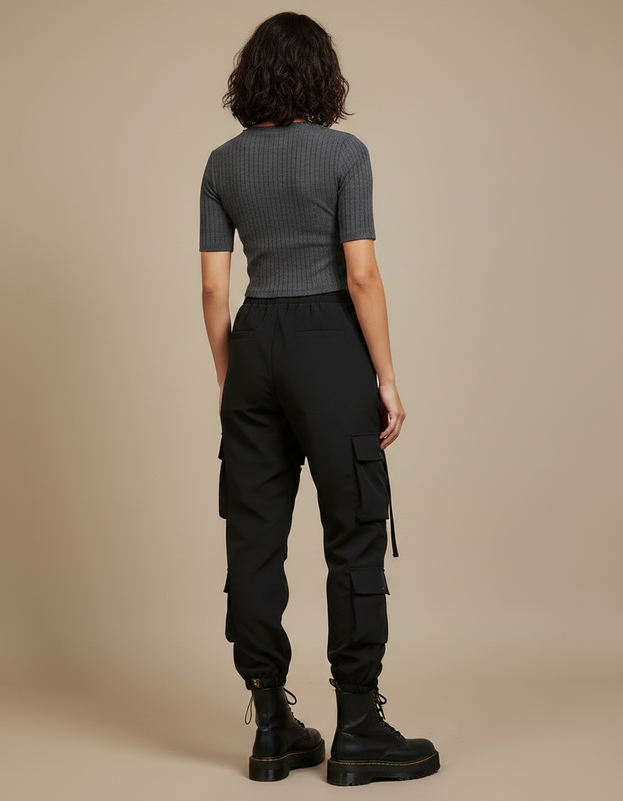 Pantalon Noir Cargo Streetwear Femme Déchiré - Polyester - vue 2
