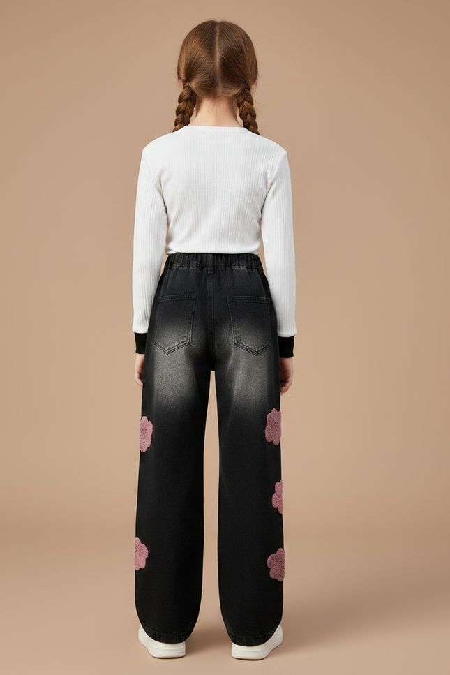 Pantalon Noir Denim Ample Brodé Patte Chat Fille - Jean - vue 2
