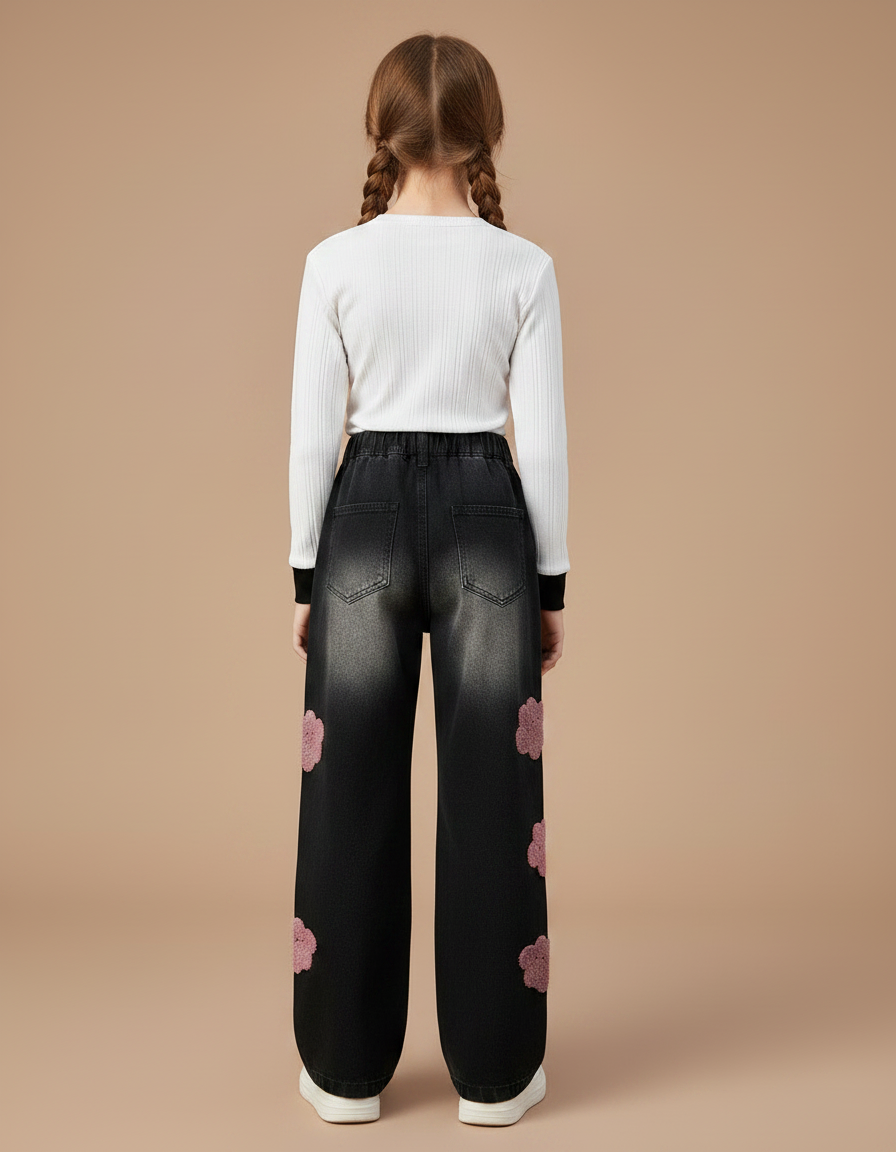 Pantalon Noir Denim Ample Brodé Patte Chat Fille - Jean - vue 2