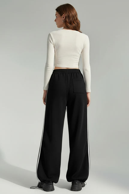 Pantalon Noir Ample Rayures Blanches Décontracté Sportif - Molleton - vue 2