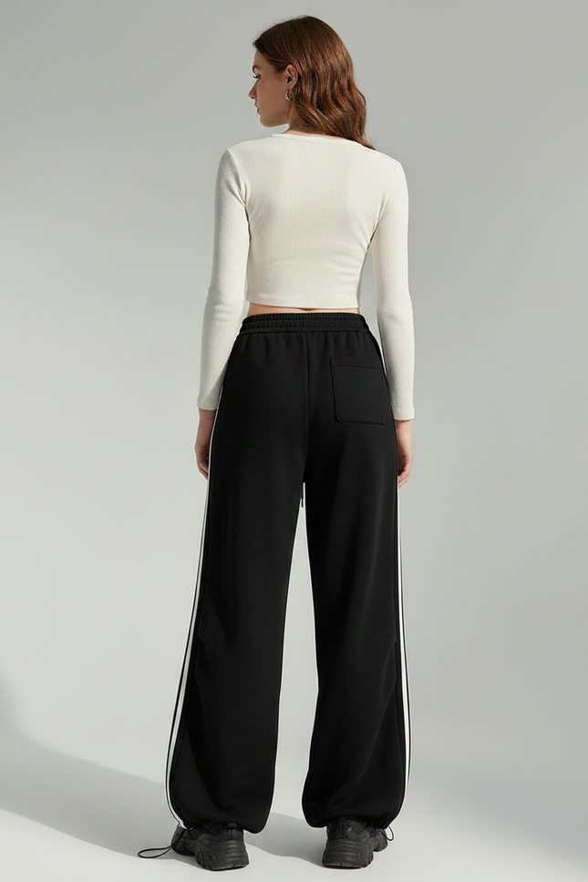 Pantalon Noir Ample Rayures Blanches Décontracté Sportif - Molleton - vue 2