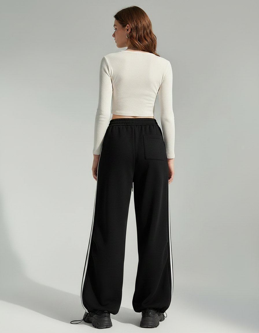 Pantalon Noir Ample Rayures Blanches Décontracté Sportif - Molleton - vue 2