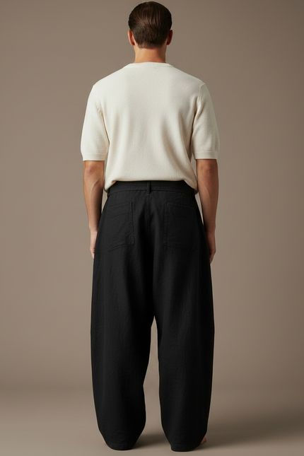 Pantalon Noir Lin Ample Cordon Décontracté - vue 2