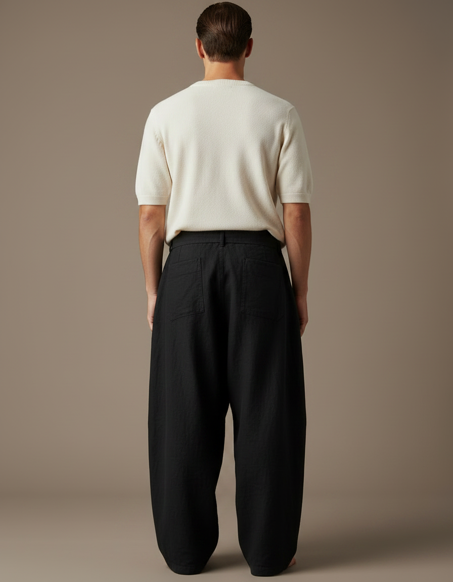 Pantalon Noir Lin Ample Cordon Décontracté - vue 2