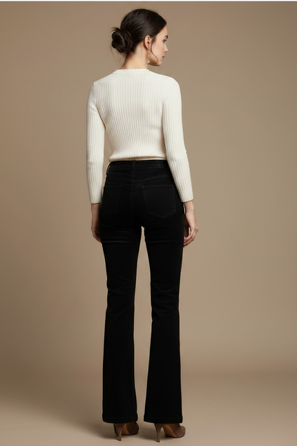 Pantalon Noir Côtelé Taille Haute Évasé Femme - Cordé - vue 2