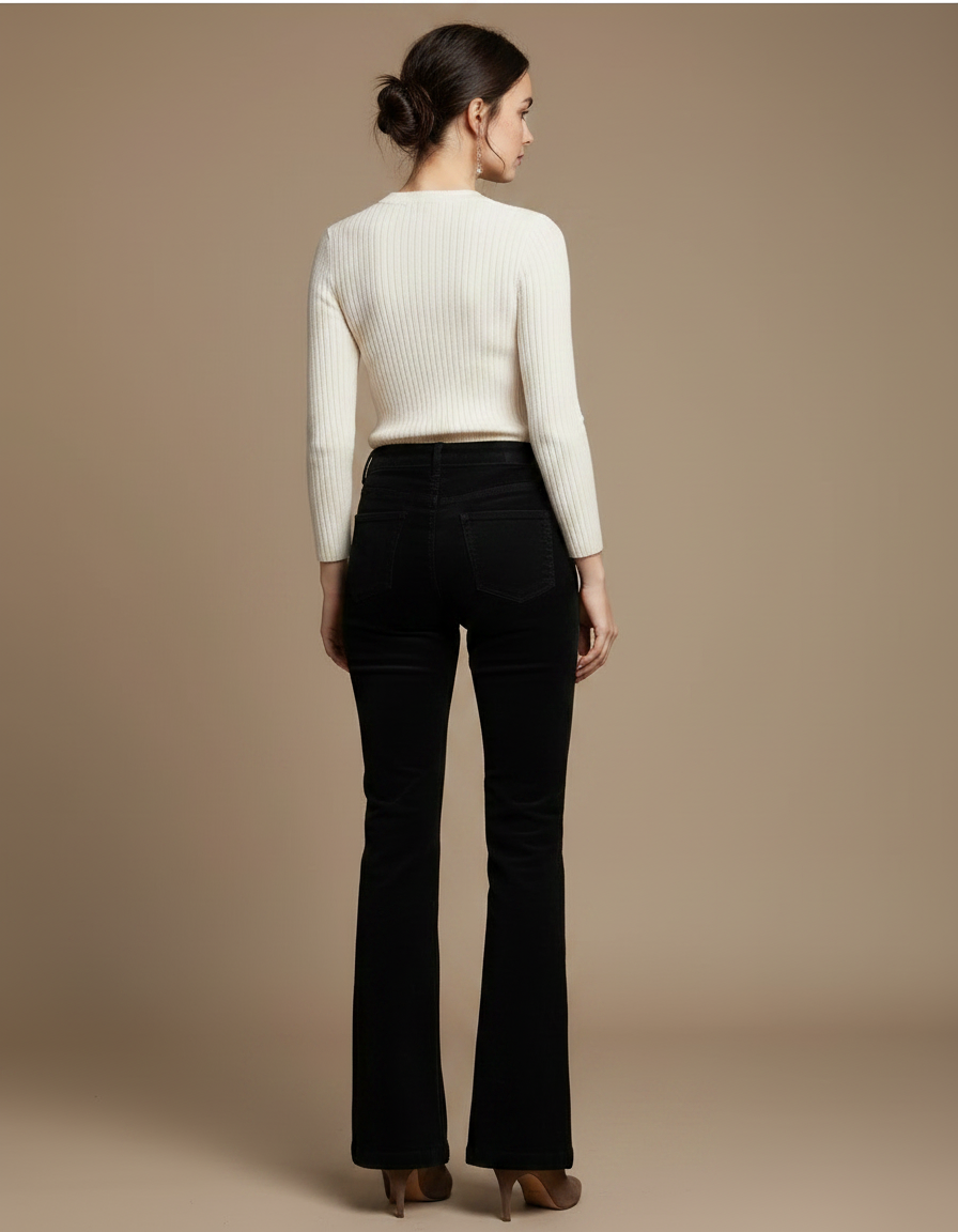 Pantalon Noir Côtelé Taille Haute Évasé Femme - Cordé - vue 2