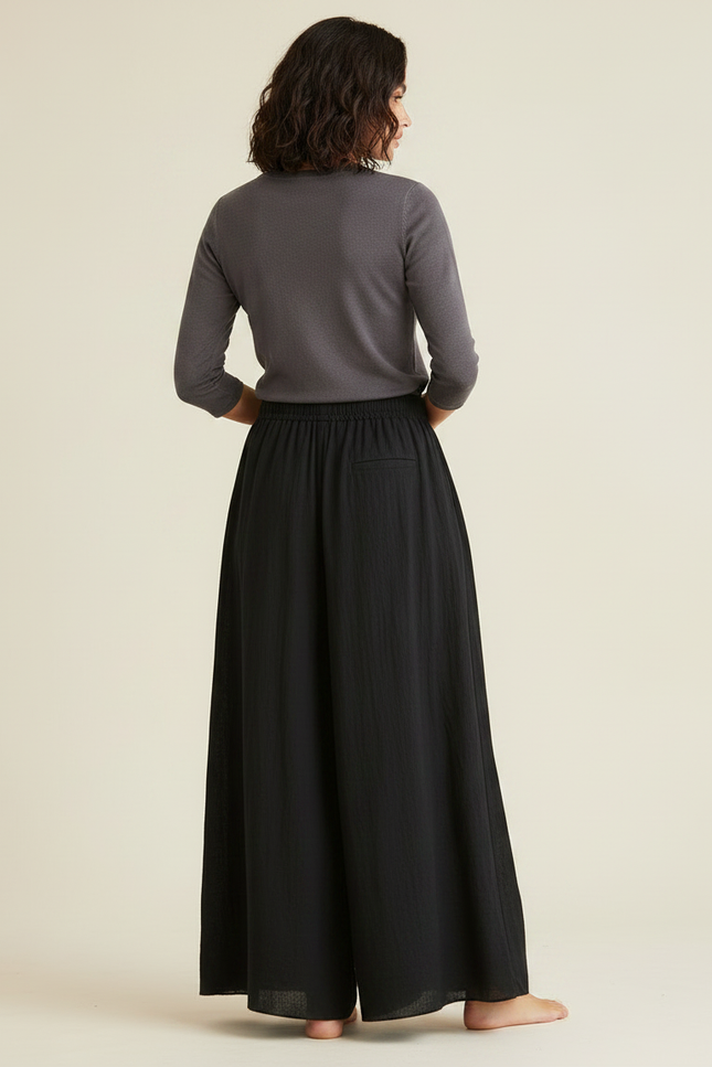Pantalon Noir Ample Fluide Coton Lin Femme - vue 2