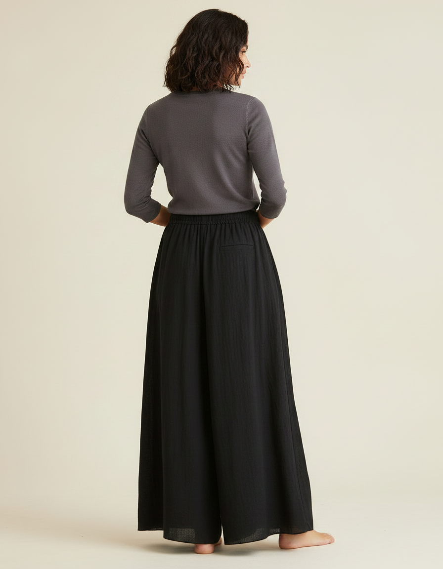 Pantalon Noir Ample Fluide Coton Lin Femme - vue 2