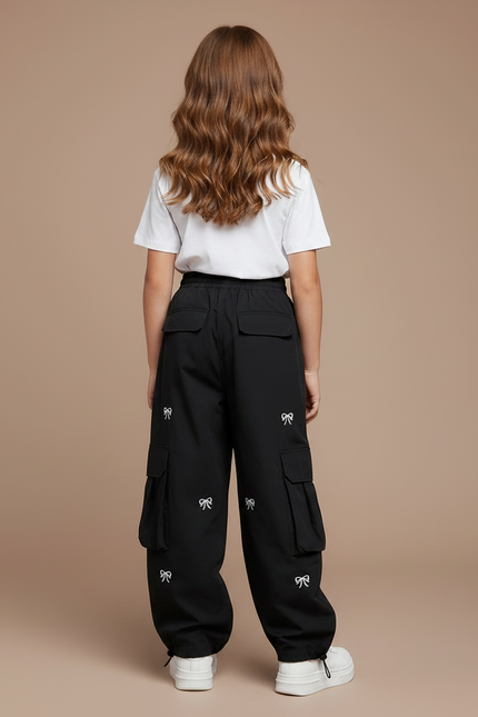 Pantalon Noir Cargo Ample Imprimé Nœuds Fille - Polyester - vue 2