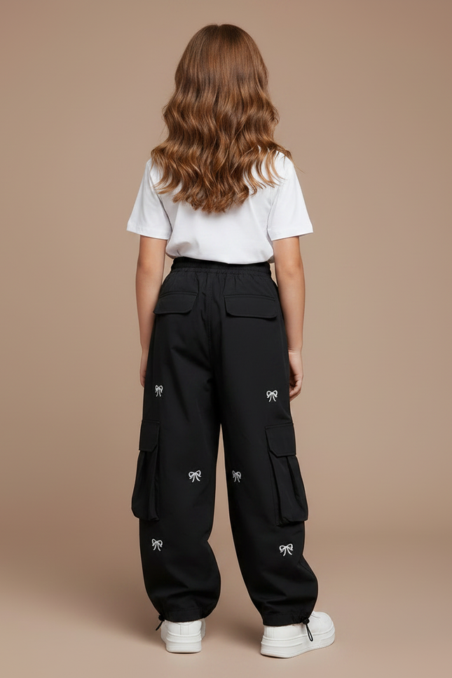 Pantalon Noir Cargo Ample Imprimé Nœuds Fille - Polyester - vue 2