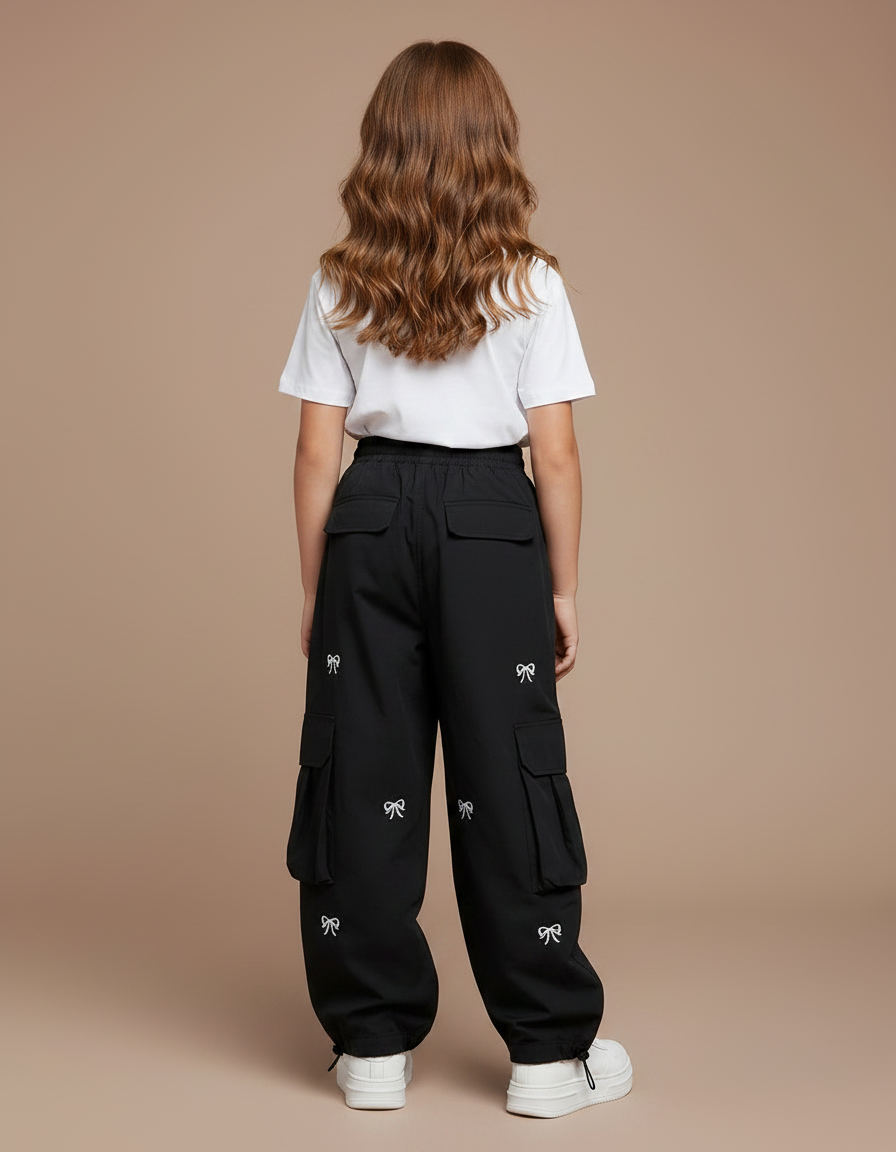 Pantalon Noir Cargo Ample Imprimé Nœuds Fille - Polyester - vue 2
