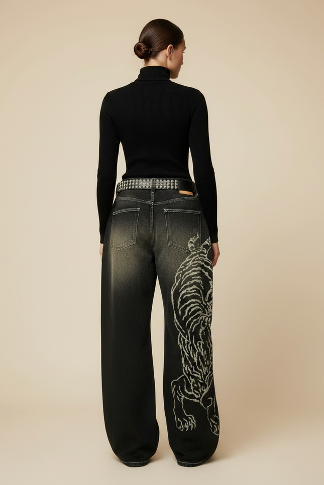 Pantalon Noir Ample Délavé Brodé Serpent Streetwear - Jean - vue 2