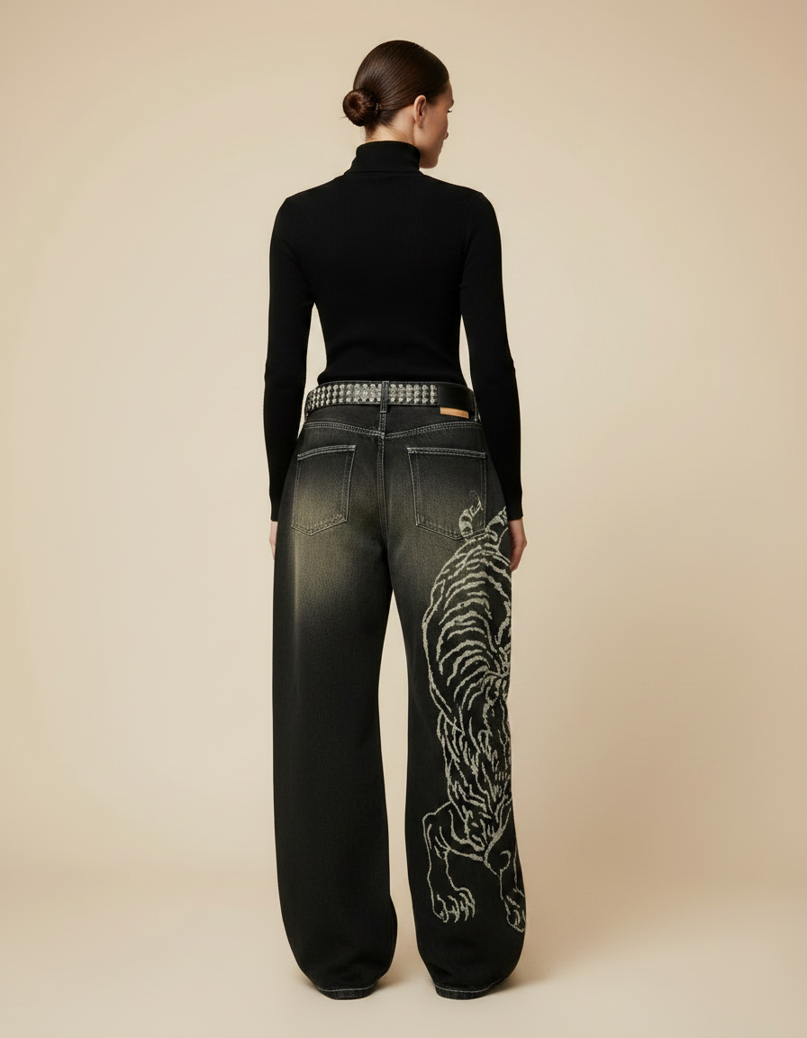 Pantalon Noir Ample Délavé Brodé Serpent Streetwear - Jean - vue 2