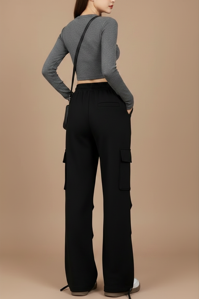 Pantalon Noir Cargo Ample Cordon Streetwear Décontracté - Molleton - vue 2
