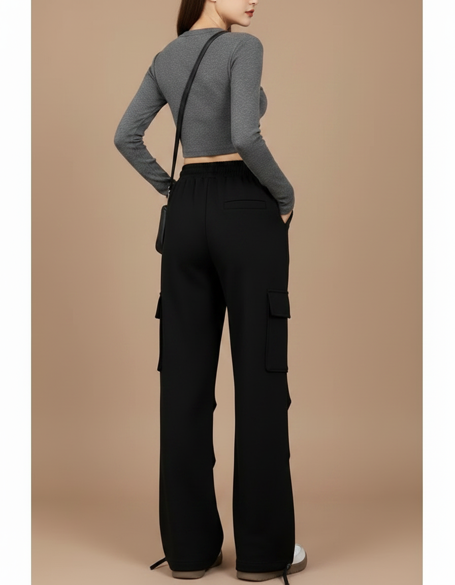 Pantalon Noir Cargo Ample Cordon Streetwear Décontracté - Molleton - vue 2