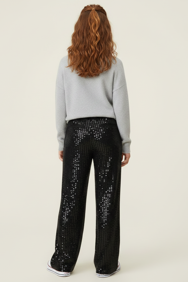 Pantalon Noir Paillettes Large Décontracté Fille - Polyester - vue 2