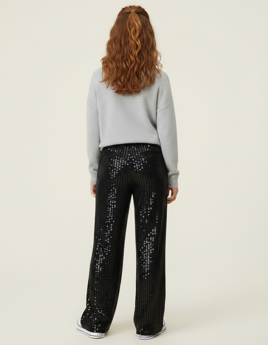 Pantalon Noir Paillettes Large Décontracté Fille - Polyester - vue 2