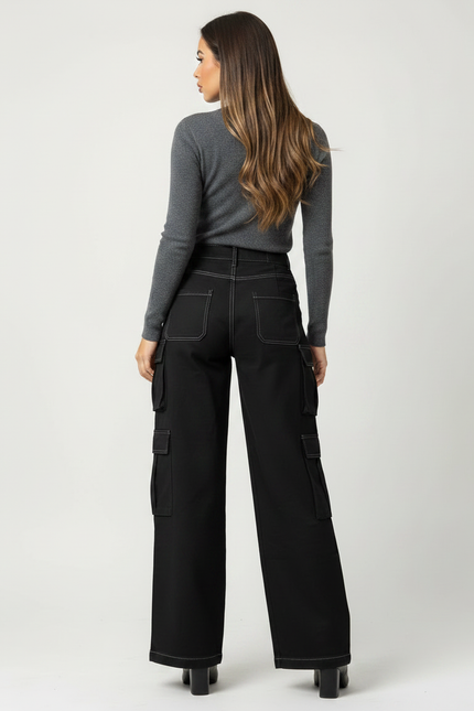 Pantalon Noir Couture Blanche Femme - Toile - vue 2