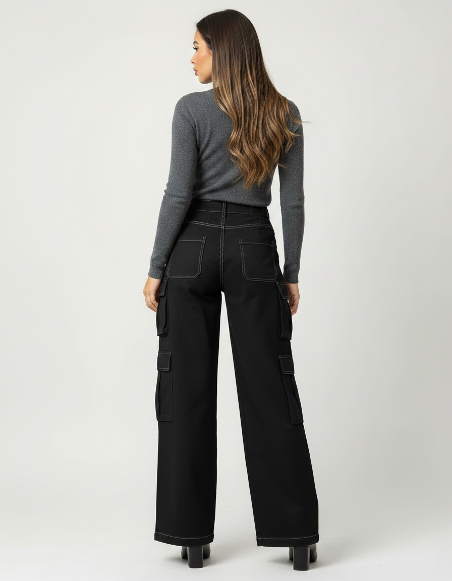 Pantalon Noir Couture Blanche Femme - Toile - vue 2