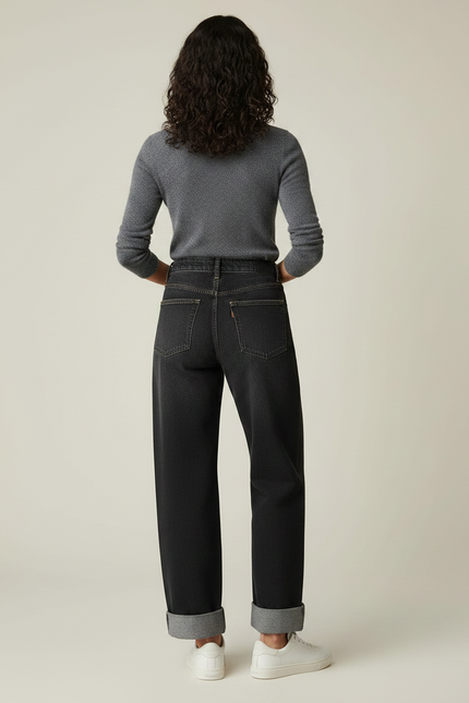 Pantalon Noir Jean Large Taille Haute Femme - vue 2