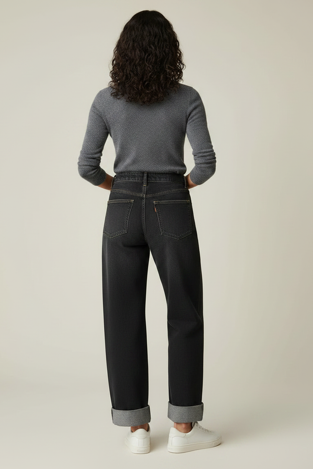 Pantalon Noir Jean Large Taille Haute Femme - vue 2