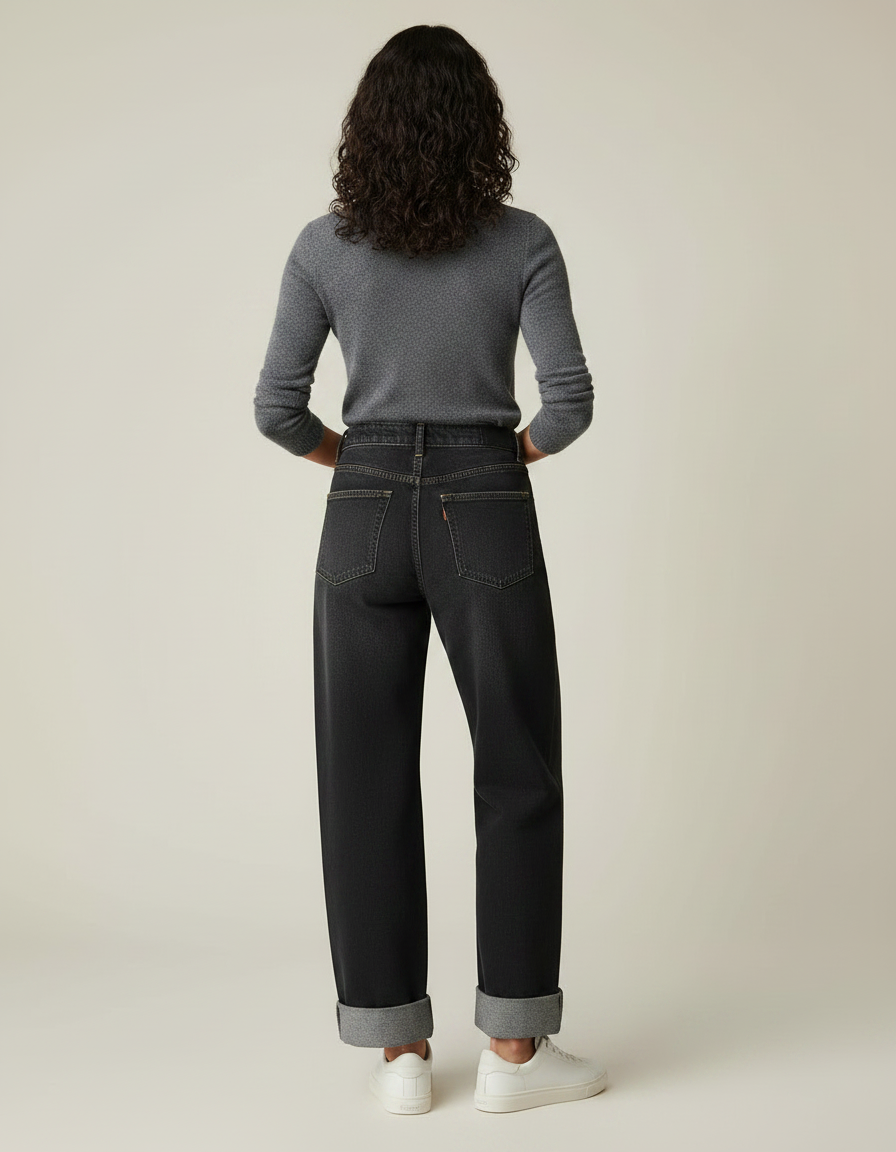 Pantalon Noir Jean Large Taille Haute Femme - vue 2